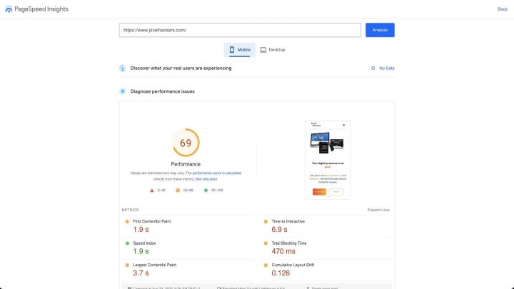 Google Pagespeed Insights homepage analysing the Pixelhackers website